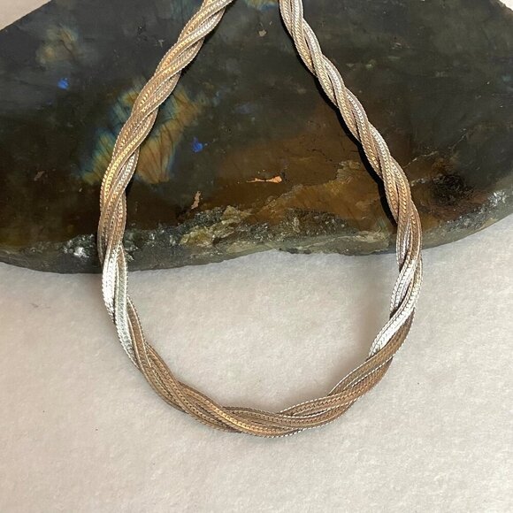 Signed Aurafin Italian Sterling Silver Braided Herringbone Chain Necklace 18